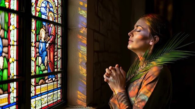 Woman praying with palm frond in a church by stained glass window, light rays reflect on her face. Religious prayer concept.