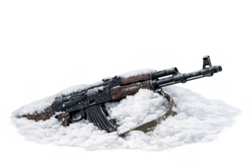 Assault rifle laying in snow with transparent background