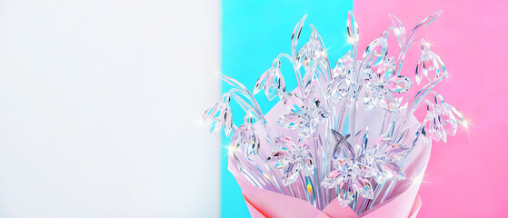 Transparent crystal snowdrops on a multicolored background with copy space for a Valentine's Day greeting and for all lovers, a website banner
