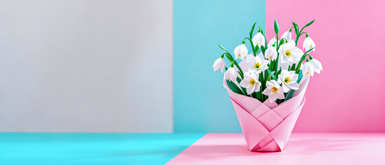 paper basket with white spring flowers on a multicolored background, a poster with snowdrops with copy-space for a Valentine's Day greeting