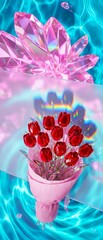 vertical banner with futuristic crystal red tulips on a turquoise background with pink crystals, an abstract Valentine's Day card