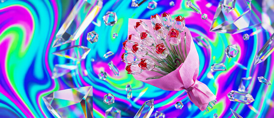 banner with a bouquet of crystal tulips on an abstract bright background with a glow effect from crystal shards, copy space for Valentine's Day greetings
