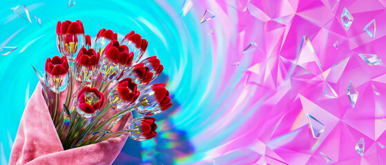 magnificent bouquet of glass tulips in velvet packaging, on a pink and turquoise background with copy space for a Happy International Women's Day greeting