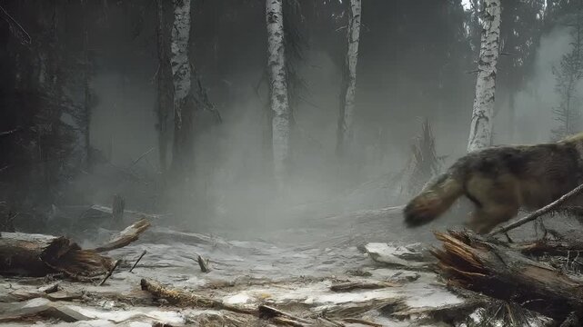 Deforestation. Environment conservation. Ecosystem. A detailed, realistic portrayal of a wolf in a misty forest setting. The wolf is depicted in a side profile.