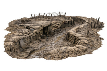 Obraz premium World war i military trench battlefield with sandbags and shelter