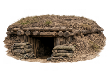 Military dugout shelter protecting from danger with sandbags