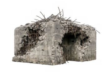 Ruined concrete bunker showing military destruction and war remnants
