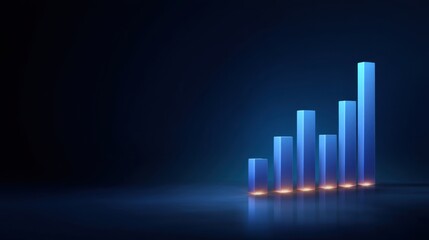 Abstract data visualization with glowing blue bars representing growth and progress against a dark background showcasing business success and analysis