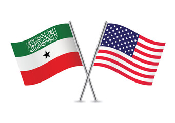 Somaliland and America crossed flags on a white background. Vector illustration.