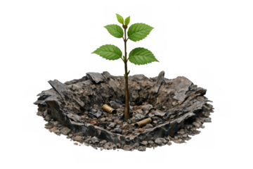 Green plant growing in war crater with shell casings