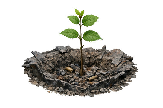 Green plant growing in war crater with shell casings