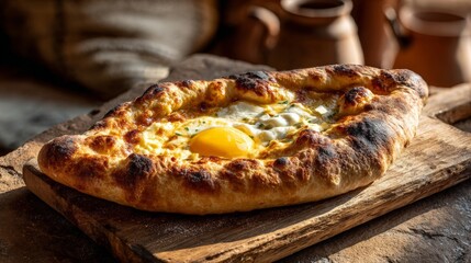 A pizza with an egg on top sits on a wooden table. The pizza is brown and has a crispy crust. The egg is placed in the center of the pizza, and it looks delicious. Concept of comfort and warmth