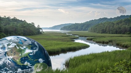 Nature's harmony global environment marshlands digital art scenic view sustainability concept