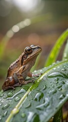 Captivating frog on dewy leaf forest setting close-up photography nature macro view wildlife