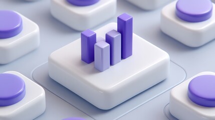 Abstract representation of data analysis and growth with purple bars on a button among gray elements for business and technology themes