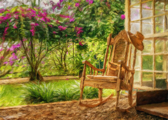 Impressionistic oil painting of a vintage wooden rocking chair with a straw hat rests on a porch in a lush garden setting in Costa Rica.
