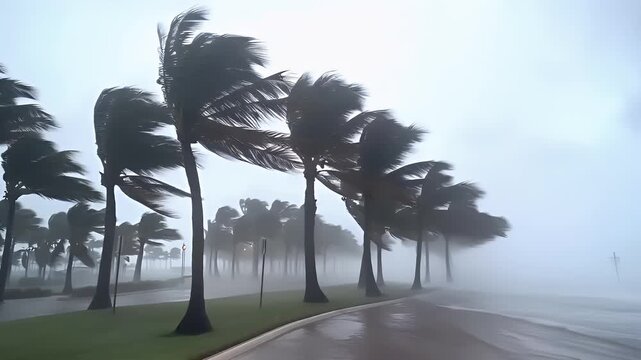 Natural disaster. Devastating loss aftermath scene. A foggy tropical landscape with palm trees and a road. The style is cinematic, with a focus on the interplay of light and shadow.