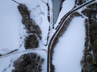Snowy pastoral landscape, Bird's-eye view. Navarrese Pyrenees