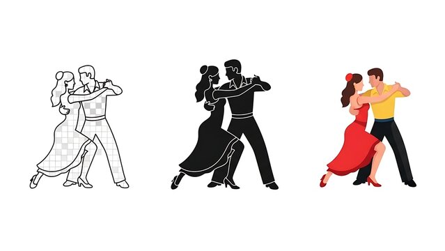 Trio of illustrations featuring dancing couple variations, embracing and posing elegantly