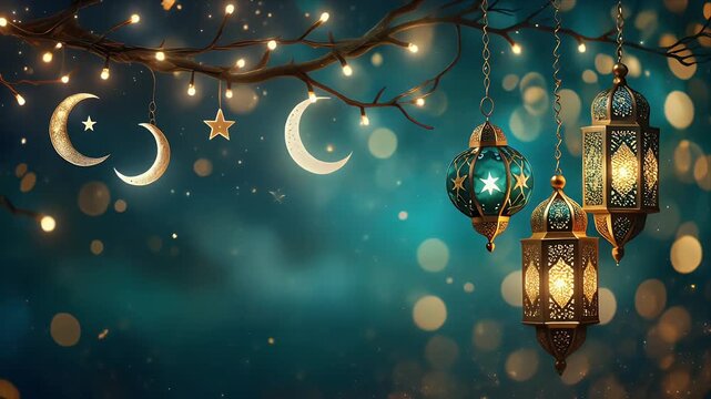 Beautiful hanging lanterns and crescent moons with string lights