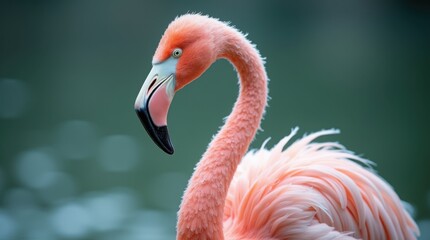 Fototapeta premium Closeup flamingo in pastel fur coat against frosty evergreen background