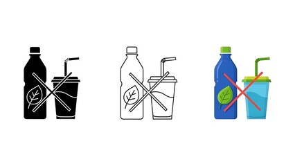 Various icon depictions of plant-based drink options and single-use beverage containers with crossed-out marks