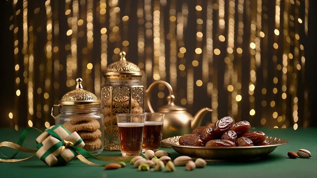 Elegant Ramadan setup with dates, tea, and traditional sweets