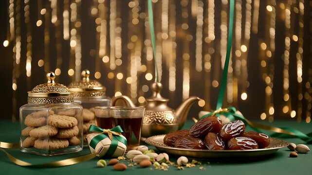 Elegant Ramadan setup with dates, tea, and cookies on a green table