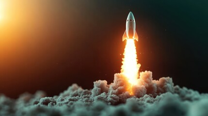 A sleek rocket launches vigorously into a dramatic sunset sky, leaving behind a trail of vibrant flames, symbolizing exploration, innovation, and human achievement.