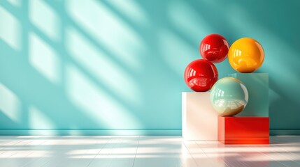 This image features vibrant and shiny spheres stacked on geometric shapes, portraying a playful and modern aesthetic against a soft turquoise background.