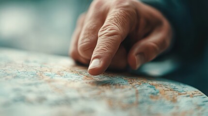 This image portrays a hand delicately pointing at a detailed map, representing exploration, planning, and the journey of discovery with a sense of purpose.