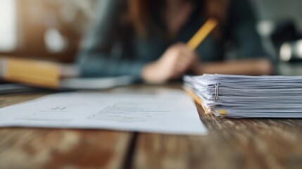 An organized workspace featuring stacks of paperwork and a focused person in the background, highlighting productivity and the importance of documentation in a busy office environment.
