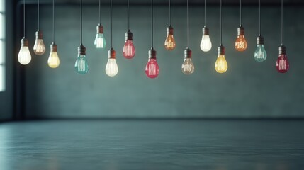 An artistic arrangement of various colorful light bulbs hanging from the ceiling, creating an inviting atmosphere with an emphasis on vintage and modern designs combined artistically.