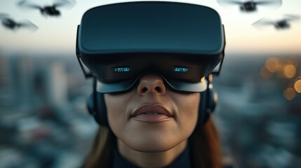 A woman wearing a VR headset stands confidently against a backdrop of drones, symbolizing the fusion of technology and human experience in virtual environments.