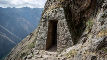 Stone Doorway on Mountain: An ancient stone doorway stands boldly carved into a cliffside. A gateway to the unknown, framed by rugged mountains and whispering tales of the past.