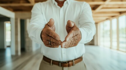 A confident man in a white shirt demonstrates an open-hand gesture, symbolizing invitation, warmth, and openness in interpersonal communication and social interactions.