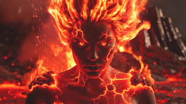 Intense close-up portrait of a mythical fire elemental with flaming hair and glowing magma skin