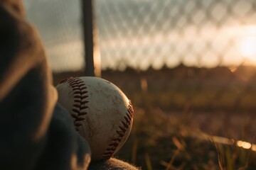 Baseball Held by Player's Leg at Sunset with Blurred Field Background