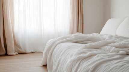 This image showcases a bright, airy bedroom featuring soft white bedding and light curtains that elegantly diffuse the natural sunlight pouring through the window.