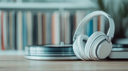 This image showcases a pair of sleek white headphones placed on vinyl records, with a stylish background of neatly arranged books, evoking a sense of musical nostalgia and modernity.