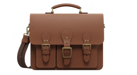 Brown leather briefcase with gold buckles isolated on a transparent background