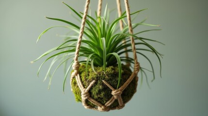 Kokedama moss ball with monstera plant hanging from macrame cord
