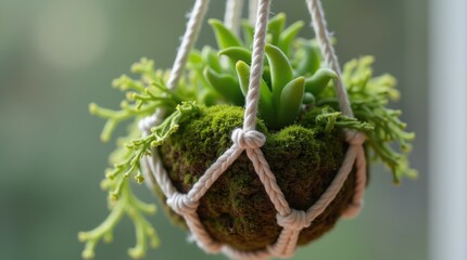 Kokedama moss ball with monstera plant hanging from macrame cord