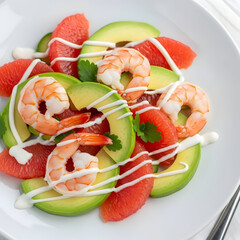 A seafood salad with shrimp, avocado slices, grapefruit, and a creamy dressing on a white plate
