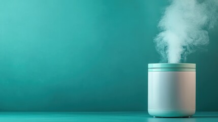 This image showcases a modern aromatherapy diffuser releasing a soothing aromatic steam, creating a calming atmosphere in a tranquil turquoise setting for relaxation.