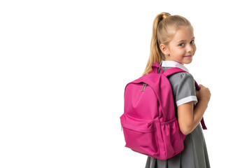 A young blonde caucasian girl, 6-8, with a high ponytail, in a grey school dress, new pink backpack, smiling over shoulder on bright white studio, back to school concept