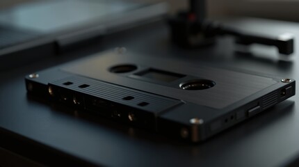 Macro closeup black cassette tape rewinding inside vintage player