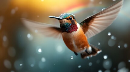 Obraz premium A vibrant hummingbird caught in mid-flight amidst gentle raindrops, showcasing its colorful feathers and resilience, embodying the beauty and fragility of nature in a lively setting.