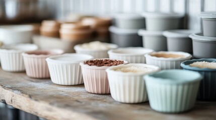 A collection of ramekins arranged on a rustic wooden shelf, filled with different baking ingredients, showcasing a beautiful pastel color palette for culinary enthusiasts.