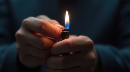 Macro view man fingers holding joint to lighter blue flame lighting